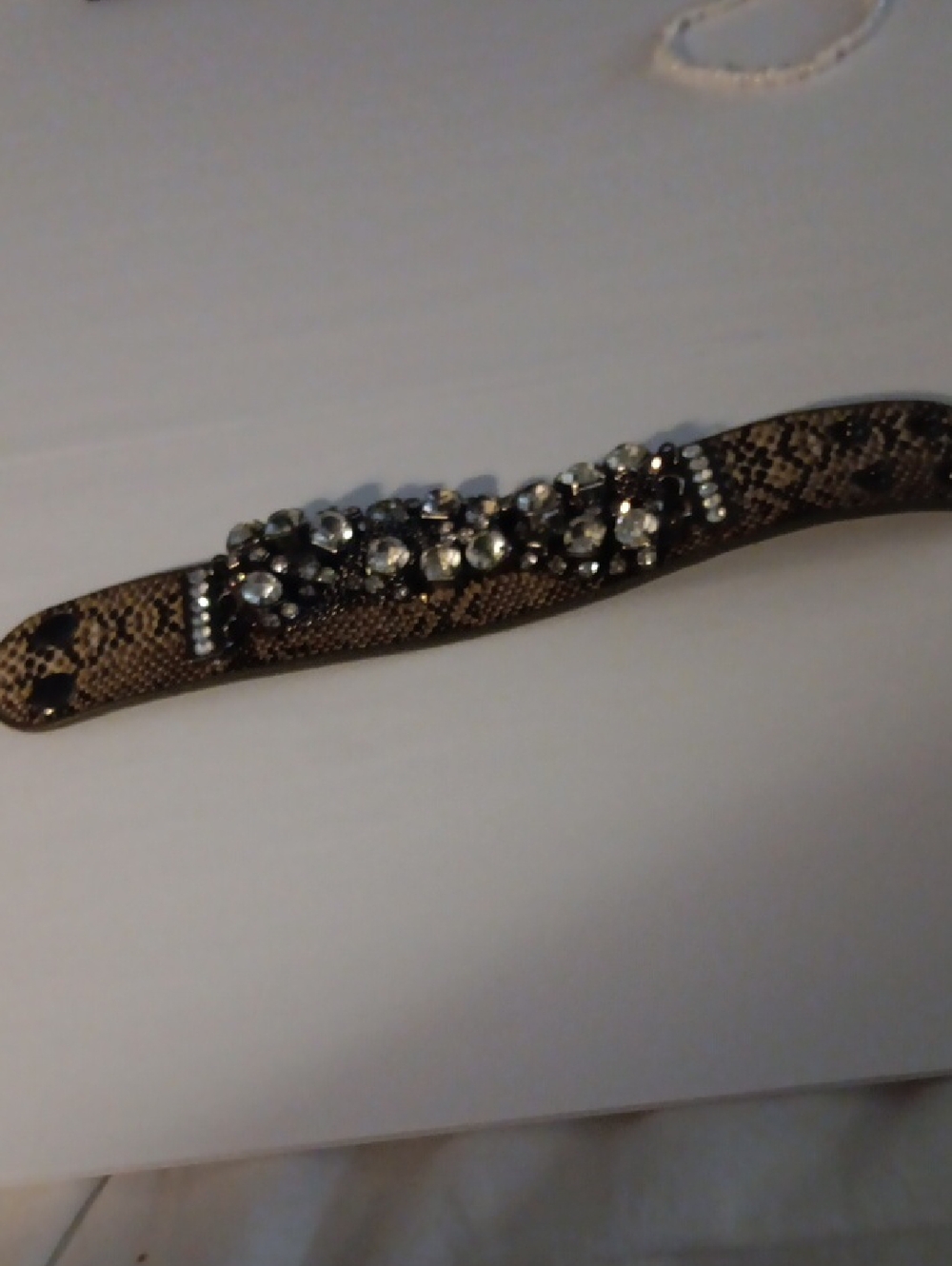 Crystal-Embellished Snake-Print Bracelet in Brown